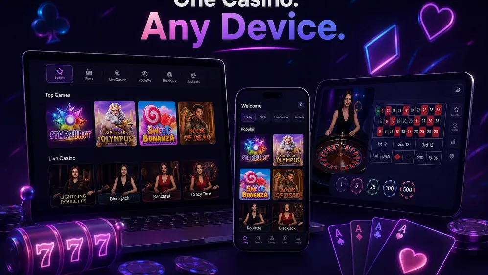 Casino lobby on phone tablet and laptop screens